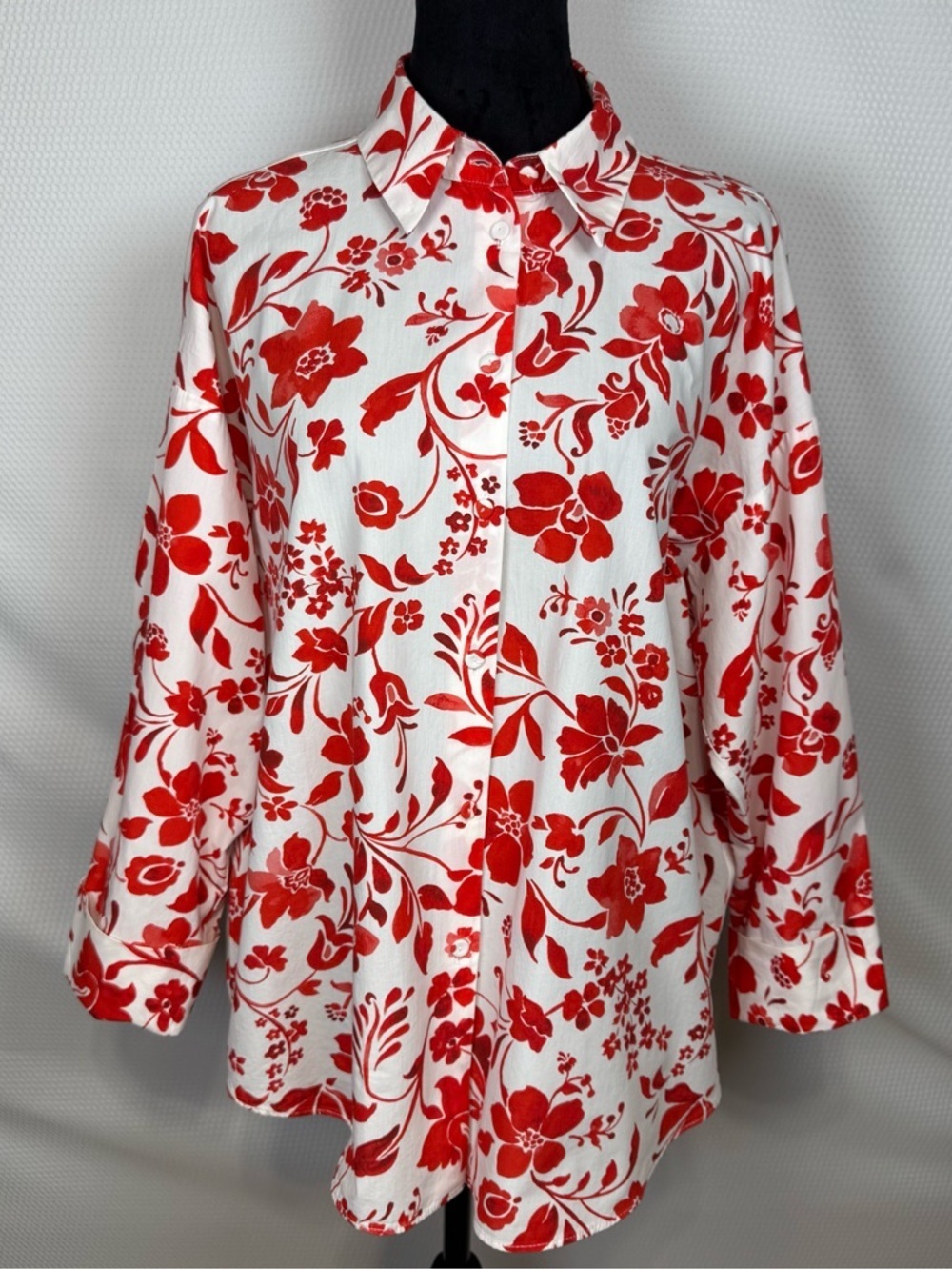 Zara Red & White Floral Button Front Blouse XL Cotton Cuffed Cottagecore Boho